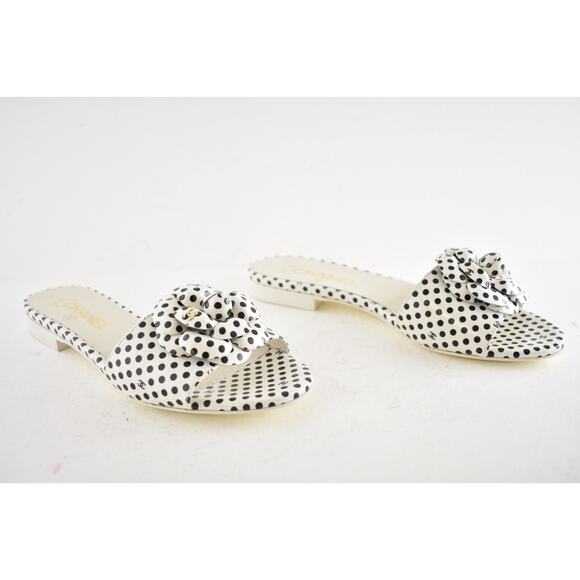 Chanel 24P Black White Camellia Flower Polka Dot CC Logo Mule Slide Sandal 38 - Picture 5 of 15